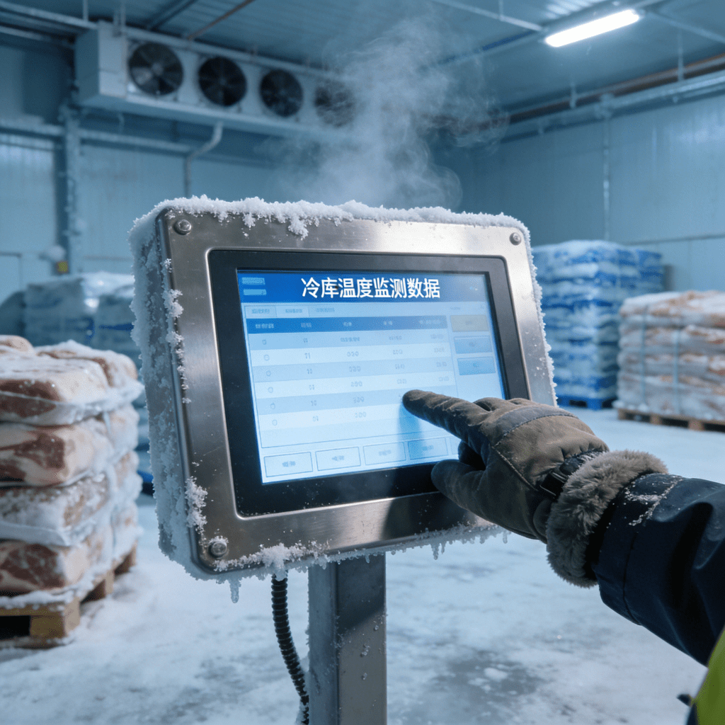 An industrial panel PC operating in a frozen food warehouse at -20°C, frost forming on the stainless steel bezel edges but screen clearly displaying cold storage temperature monitoring data, breath vapor visible in air, worker in thick winter gloves touching the screen, freezer environment with stacked frozen goods in background, cold blue color grading, photorealistic, 8k, industrial setting, condensation details