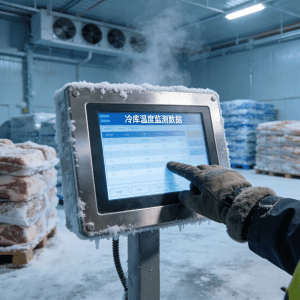 An industrial panel PC operating in a frozen food warehouse at -20°C, frost forming on the stainless steel bezel edges but screen clearly displaying cold storage temperature monitoring data, breath vapor visible in air, worker in thick winter gloves touching the screen, freezer environment with stacked frozen goods in background, cold blue color grading, photorealistic, 8k, industrial setting, condensation details