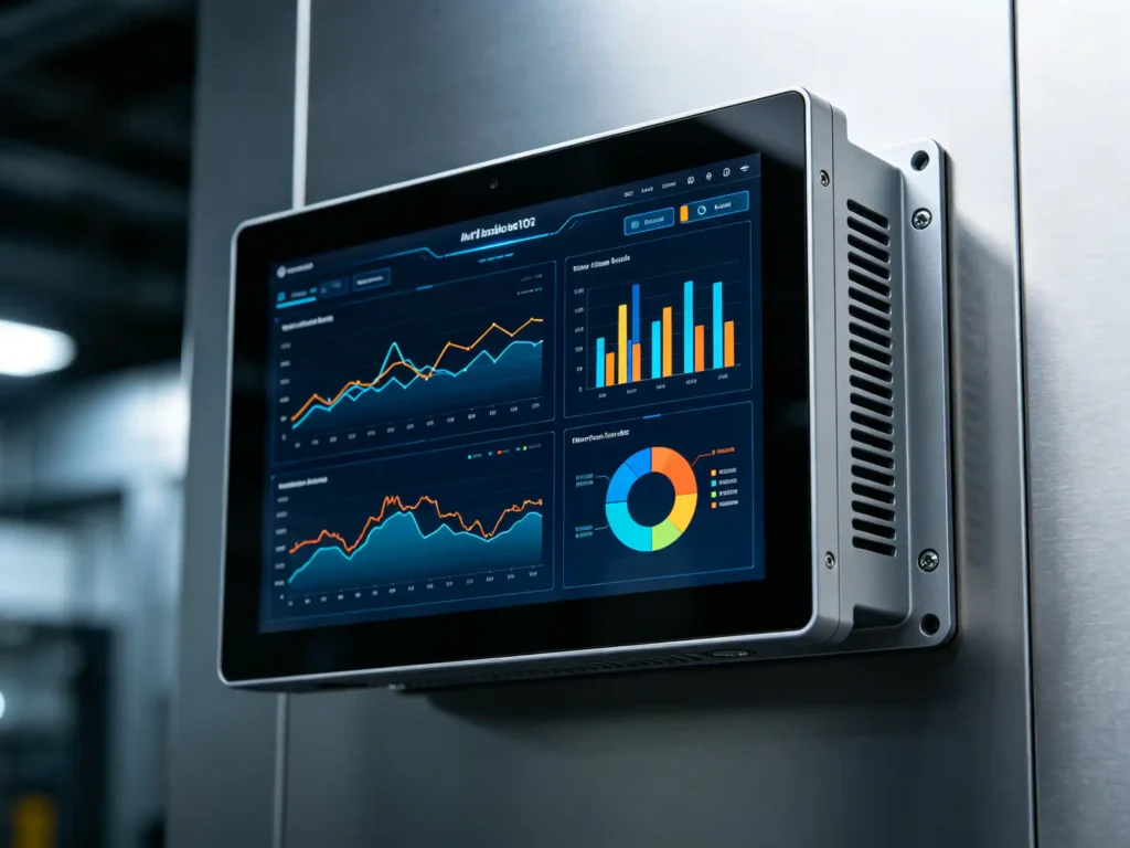 A compact 10 inch Android industrial panel PC used as an IoT gateway controller in a space-limited environment.