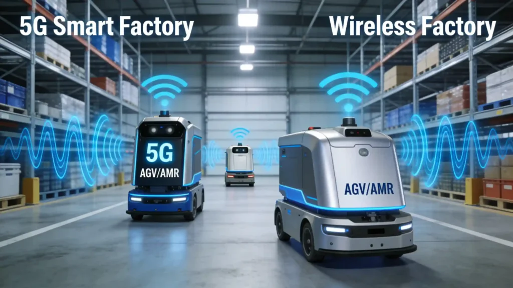 5G-enabled industrial robots and AGV systems in smart warehouse