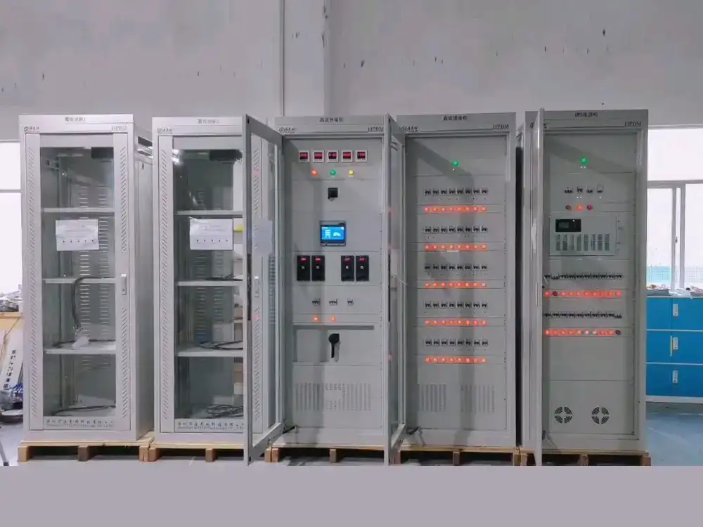 A series of gray industrial electrical cabinets and UPS systems with status indicators and digital displays used for managing automated factory equipment.