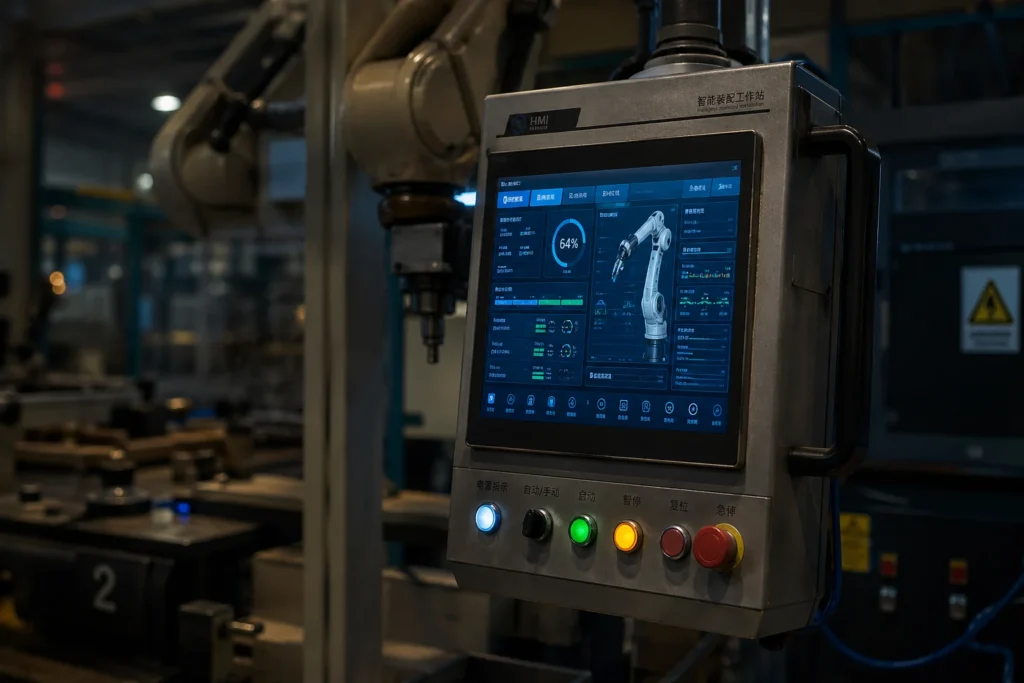 A rugged industrial panel pc integrated into a Chinese automotive assembly line automation system.