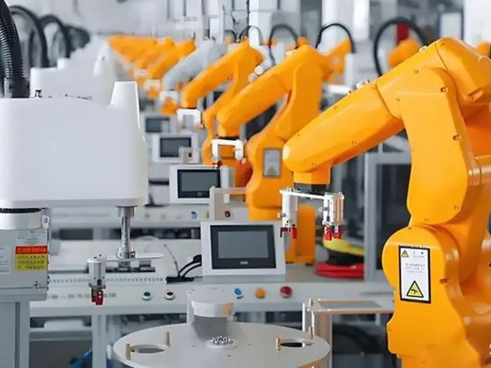 A row of orange multi-axis industrial robotic arms performing high-precision assembly tasks on an automated smart factory floor.