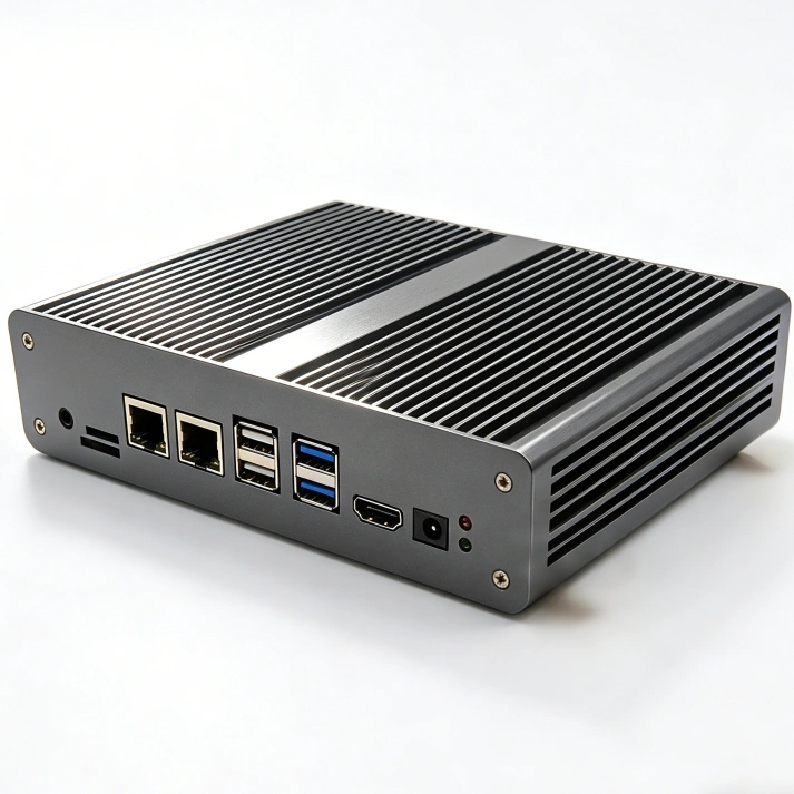 Rear I/O panel of industrial fanless mini PC featuring dual Gigabit Ethernet ports, quad USB 3.0/2.0 ports, HDMI output, and SIM card slot for IoT gateway applications.