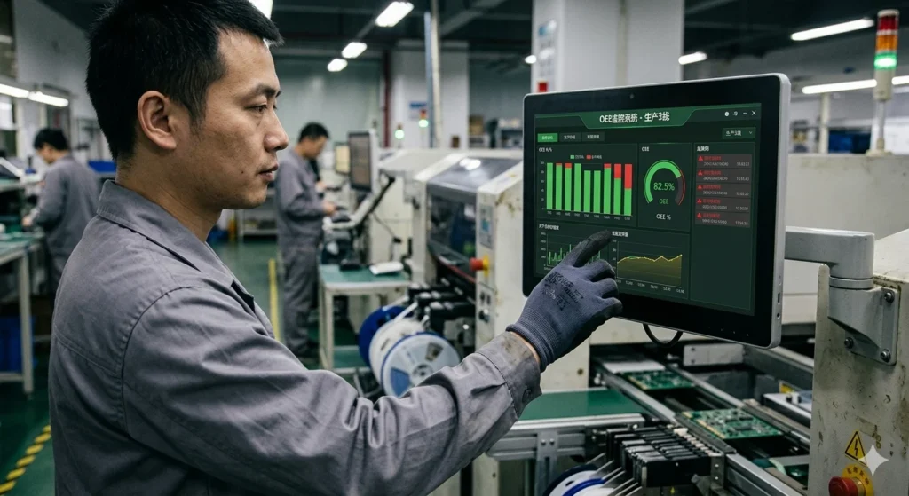 A worker with industrial gloves operating a 15-inch industrial touch panel PC displaying production data.