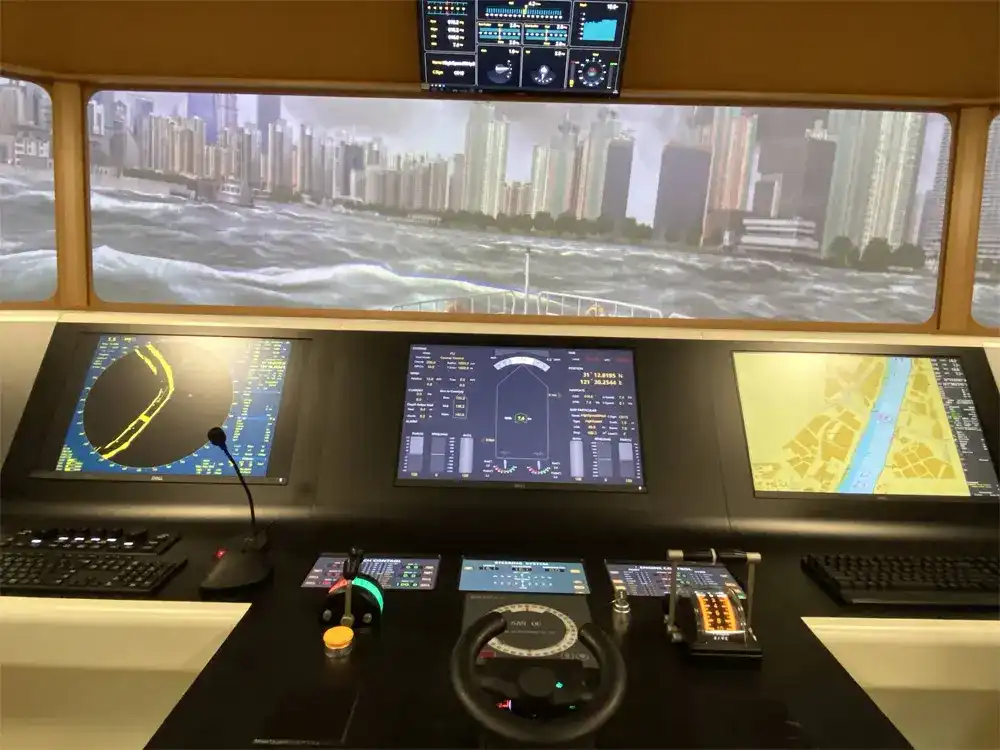 A modern digital cockpit or command center equipped with multiple screens showing radar, GPS maps, and system diagnostics for remote monitoring or vessel management.