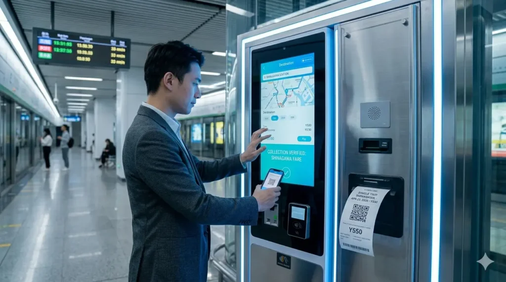 Self-service ticketing machine with touchscreen interface for secure payment and QR code ticket issuance in transportation or event venues