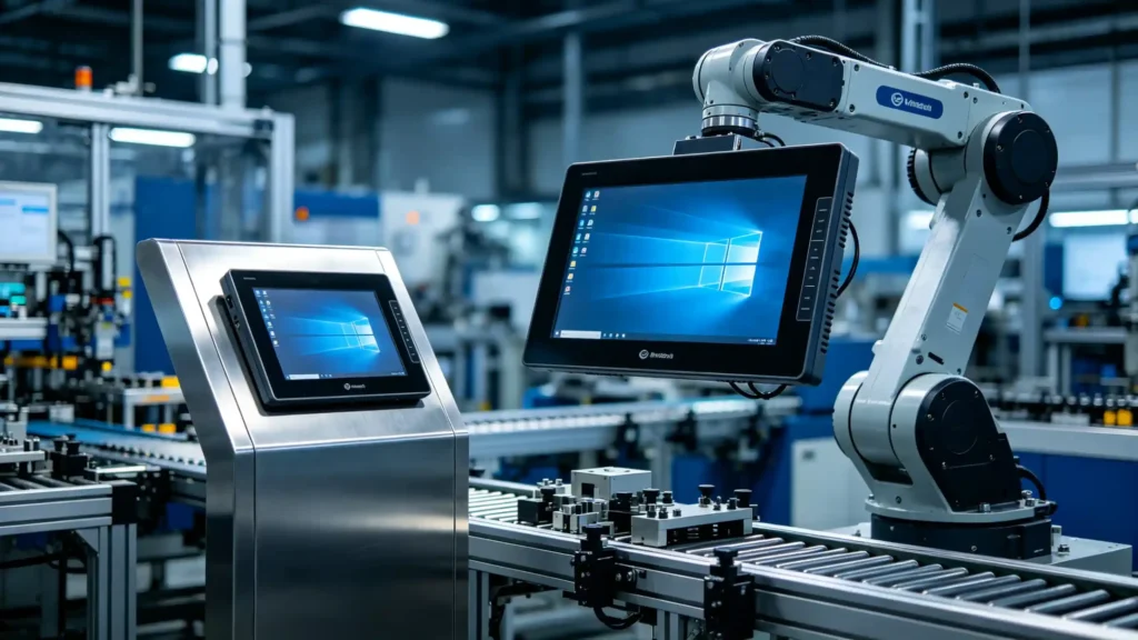 Comparison of a 10 inch Android industrial panel pc and a 15 inch touch screen PC in a smart factory setting