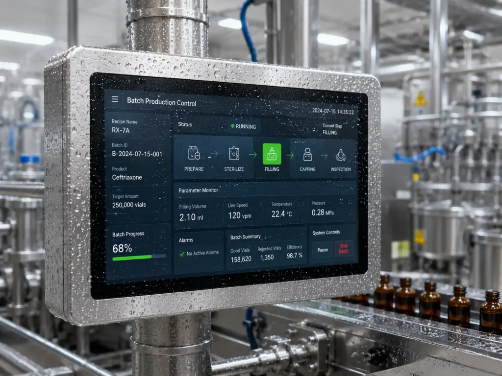 IP69K stainless steel panel PC with water droplets on the screen in a food processing and washdown environment.