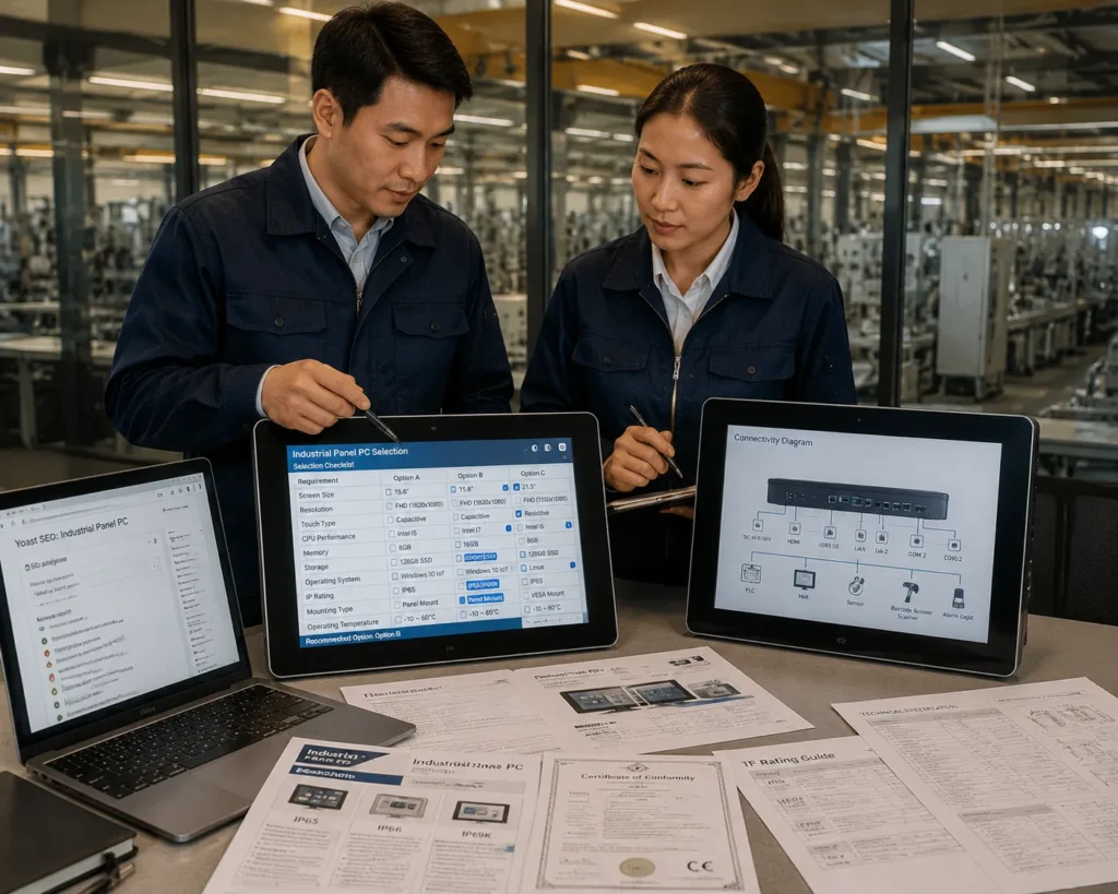 Two industrial engineers reviewing and comparing industrial panel PC technical specifications and IP certification documents at a factory engineering workbench