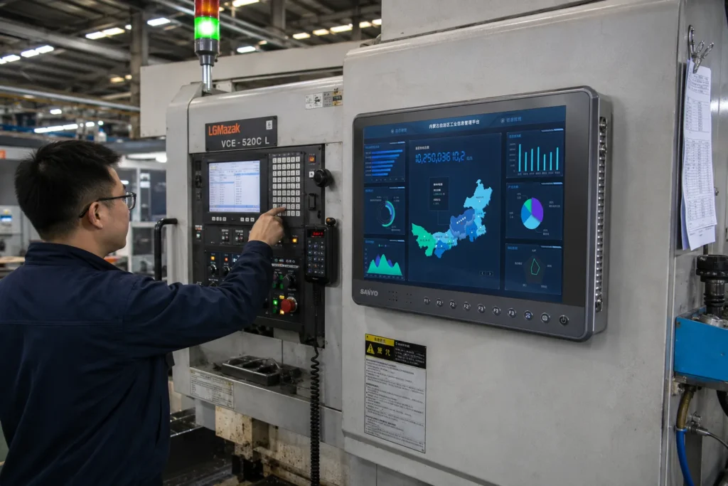 fanless industrial panel pc mounted on cnc machine for factory automation monitoring