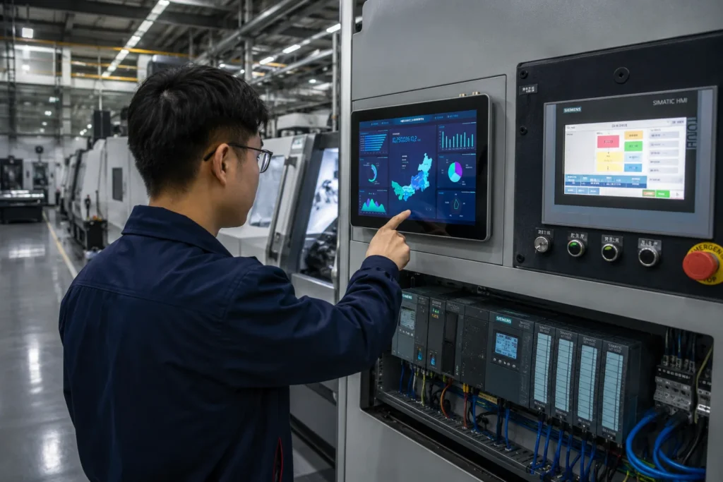 industrial engineer comparing industrial panel pc and hmi touchscreen in smart factory automation environment