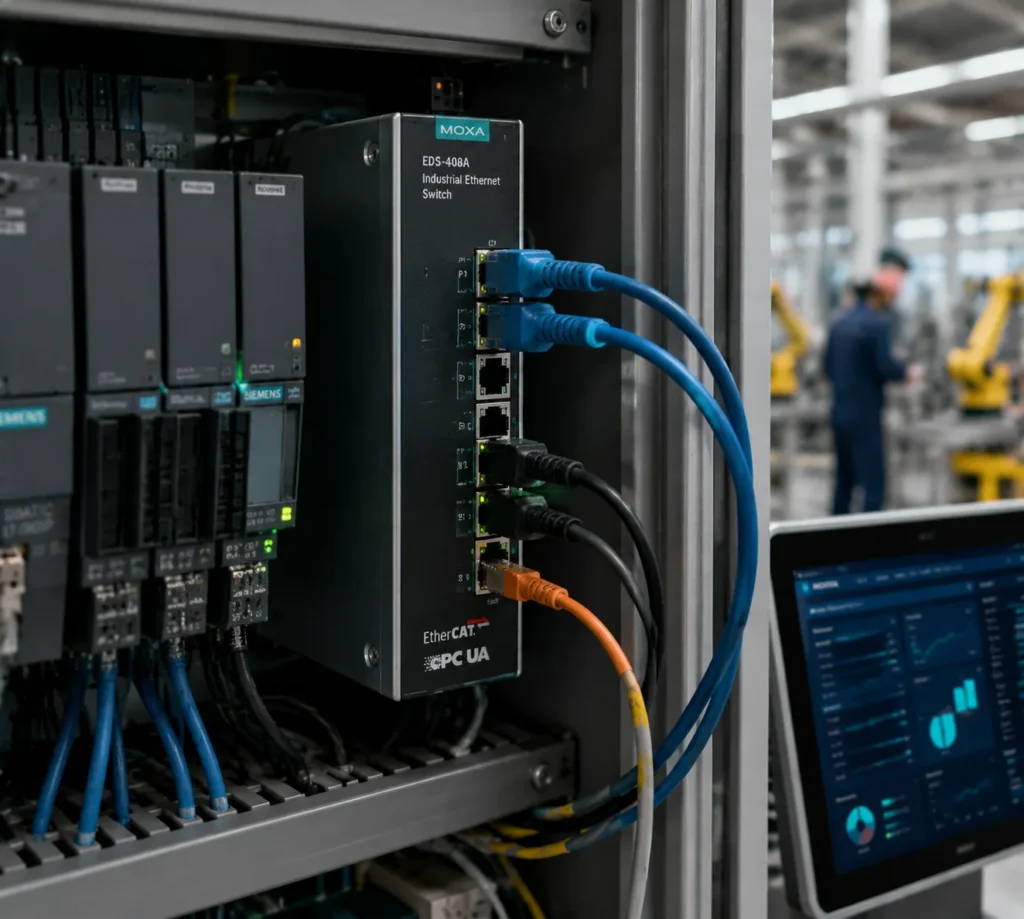 industrial ethernet network connected to plc and industrial panel pc in factory automation system