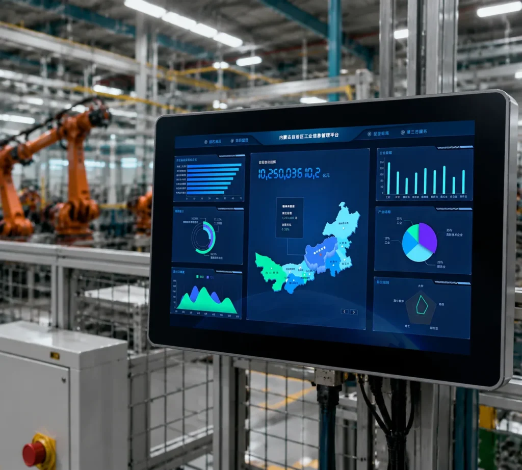 industrial panel pc displaying mes dashboard and edge computing analytics in smart factory