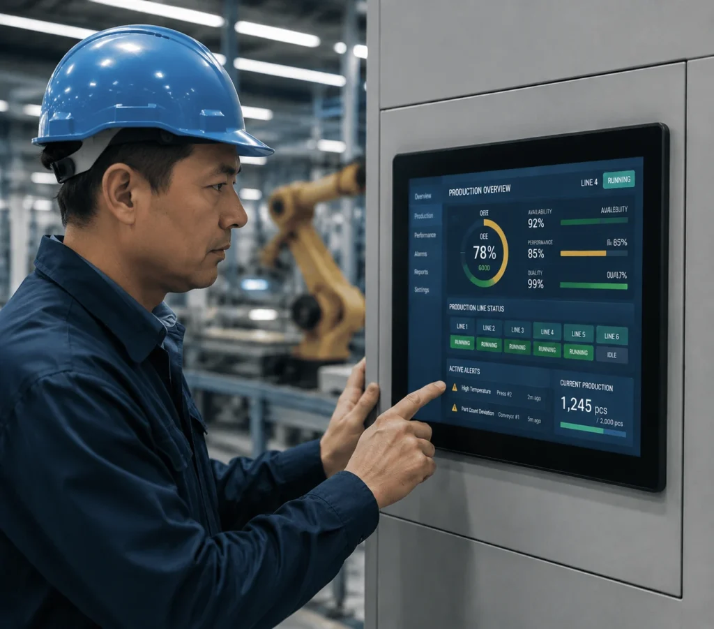 Factory engineer operating a 15-inch industrial panel PC displaying a real-time SCADA dashboard with OEE metrics on a CNC machining center production floor