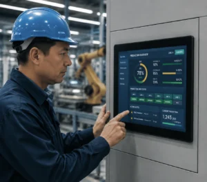 Factory engineer operating a 15-inch industrial panel PC displaying a real-time SCADA dashboard with OEE metrics on a CNC machining center production floor