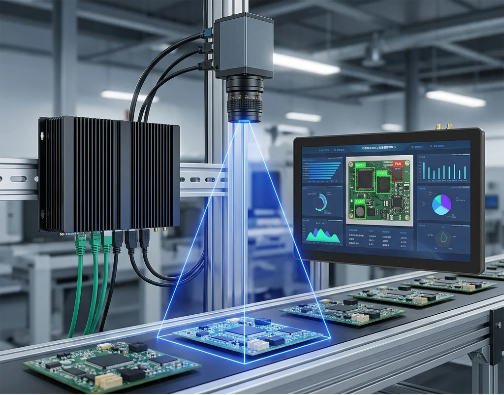 Industrial box PC system driving a high-speed machine vision and edge AI quality inspection camera on a factory line