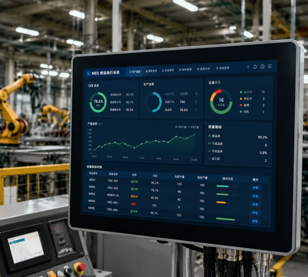 industrial panel pc displaying mes production monitoring dashboard in manufacturing factory