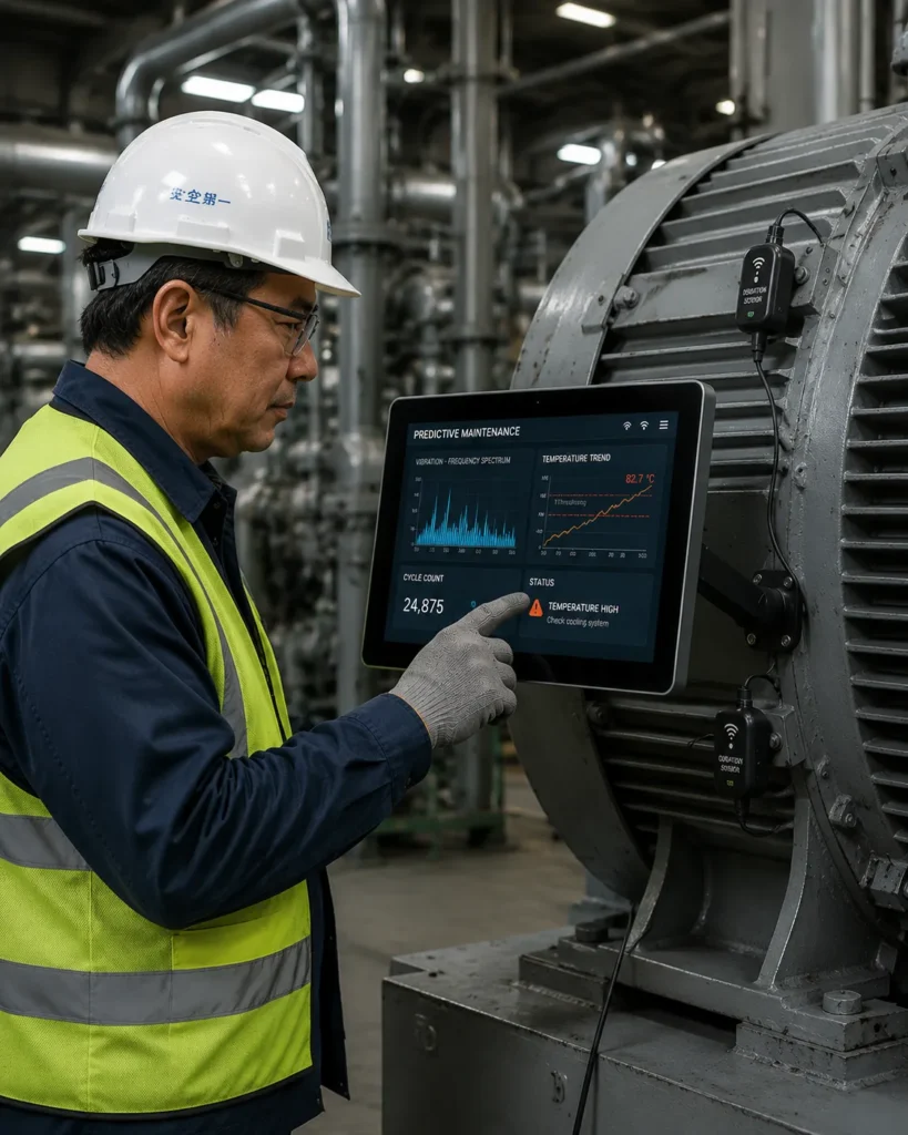 Maintenance engineer reviewing vibration frequency and temperature trend data on an industrial panel PC for predictive maintenance of a large industrial motor on the factory floor