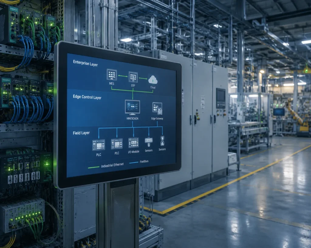 Industrial panel PC displaying a three-layer smart factory architecture diagram connecting field-layer PLCs to edge computing and enterprise MES systems