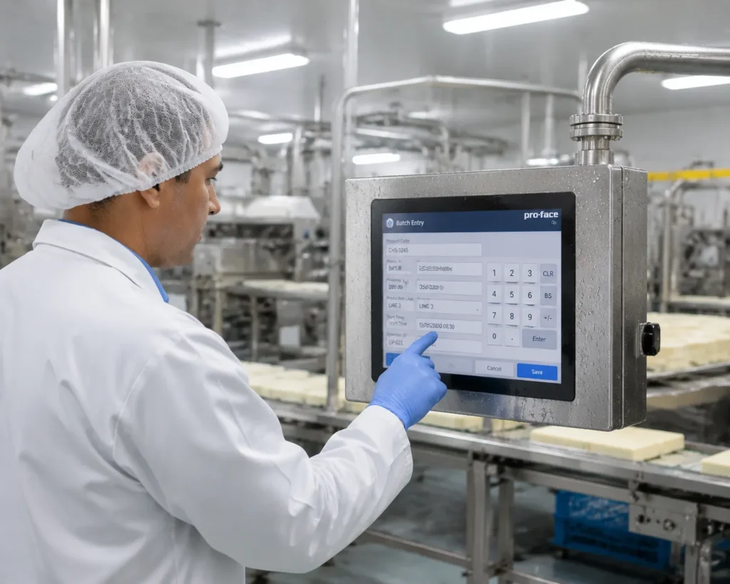 Stainless steel IP69K-rated industrial panel PC on a hygienic swing arm in a food processing facility with a worker in protective clothing entering batch traceability data