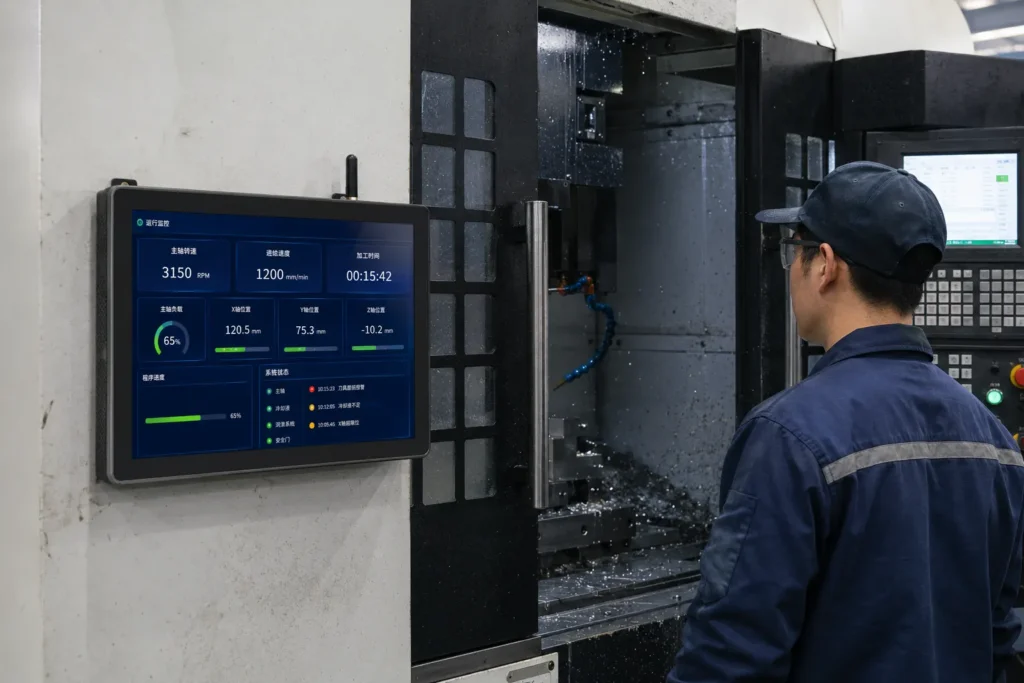 YLWWPC industrial panel PC used as CNC machine HMI in metal machining factory environment