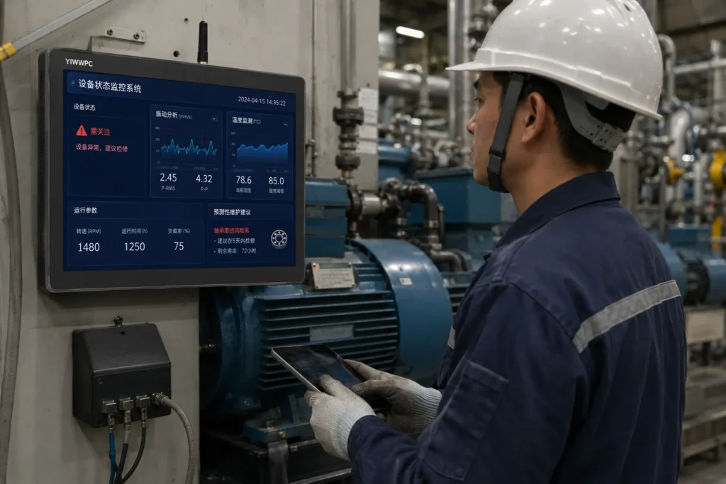 YLWWPC fanless industrial panel PC used for real-time machine monitoring and predictive maintenance