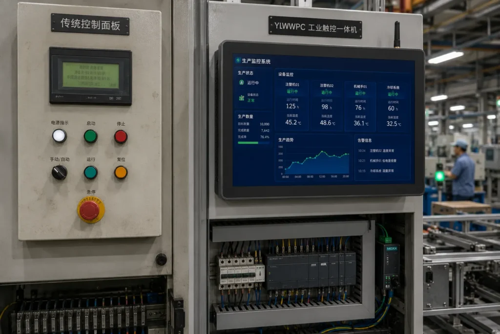 YLWWPC industrial touchscreen panel PC replacing traditional factory control panel with buttons and switches
