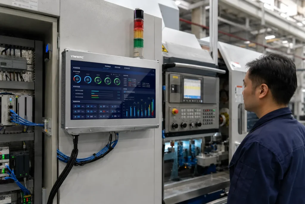 YLWWPC fanless industrial panel PC installed on a smart factory production line for CNC machine HMI and real-time machine monitoring
