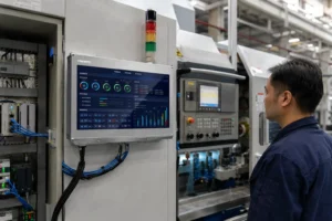 YLWWPC fanless industrial panel PC installed on a smart factory production line for CNC machine HMI and real-time machine monitoring