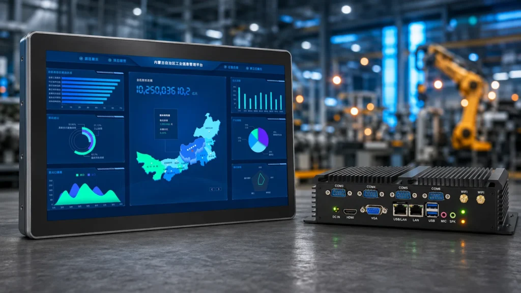Side-by-side comparison of a rugged Industrial Panel PC and a fanless embedded Box PC on an engineering workbench.
