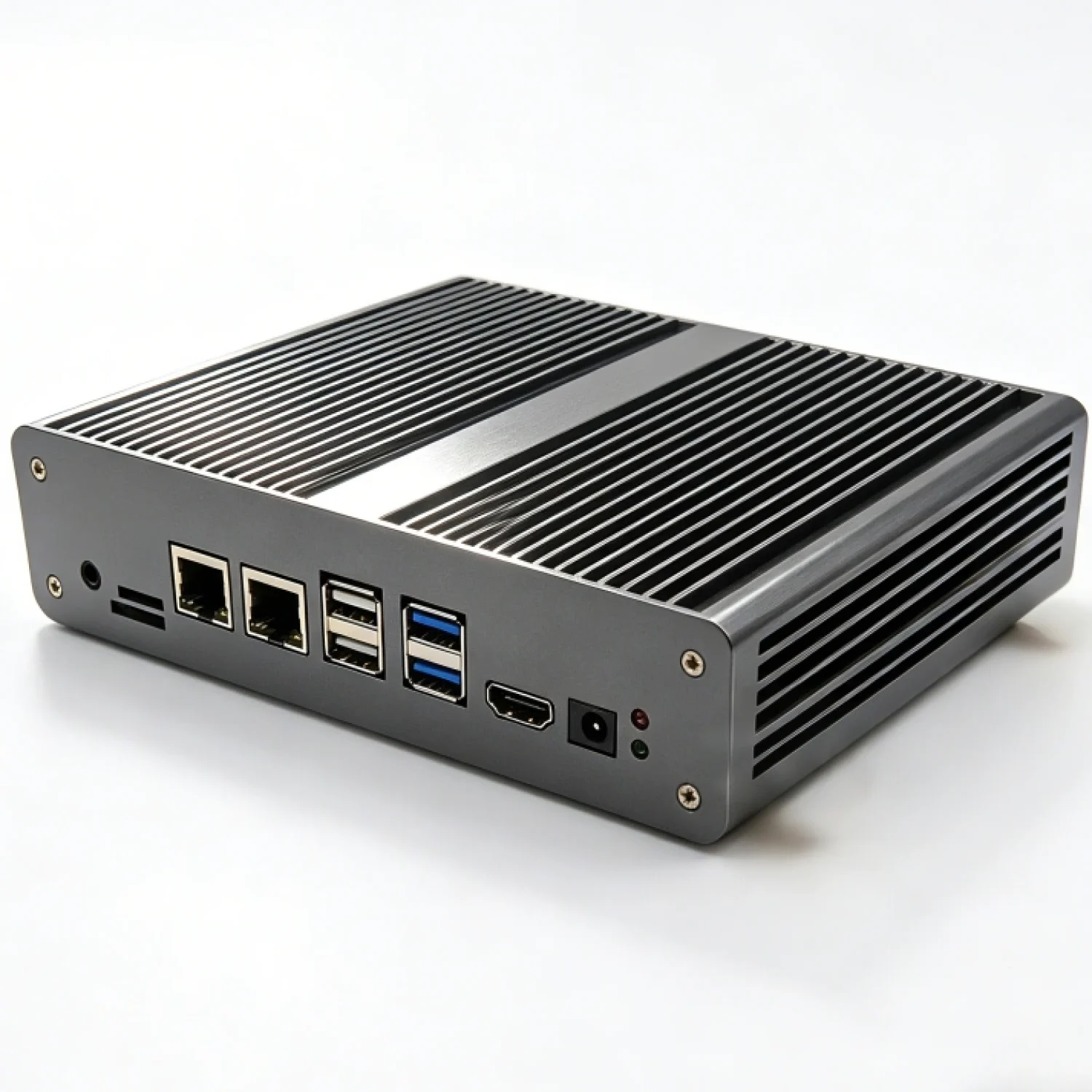 Rear I/O panel of industrial fanless mini PC featuring dual Gigabit Ethernet ports, quad USB 3.0/2.0 ports, HDMI output, and SIM card slot for IoT gateway applications.